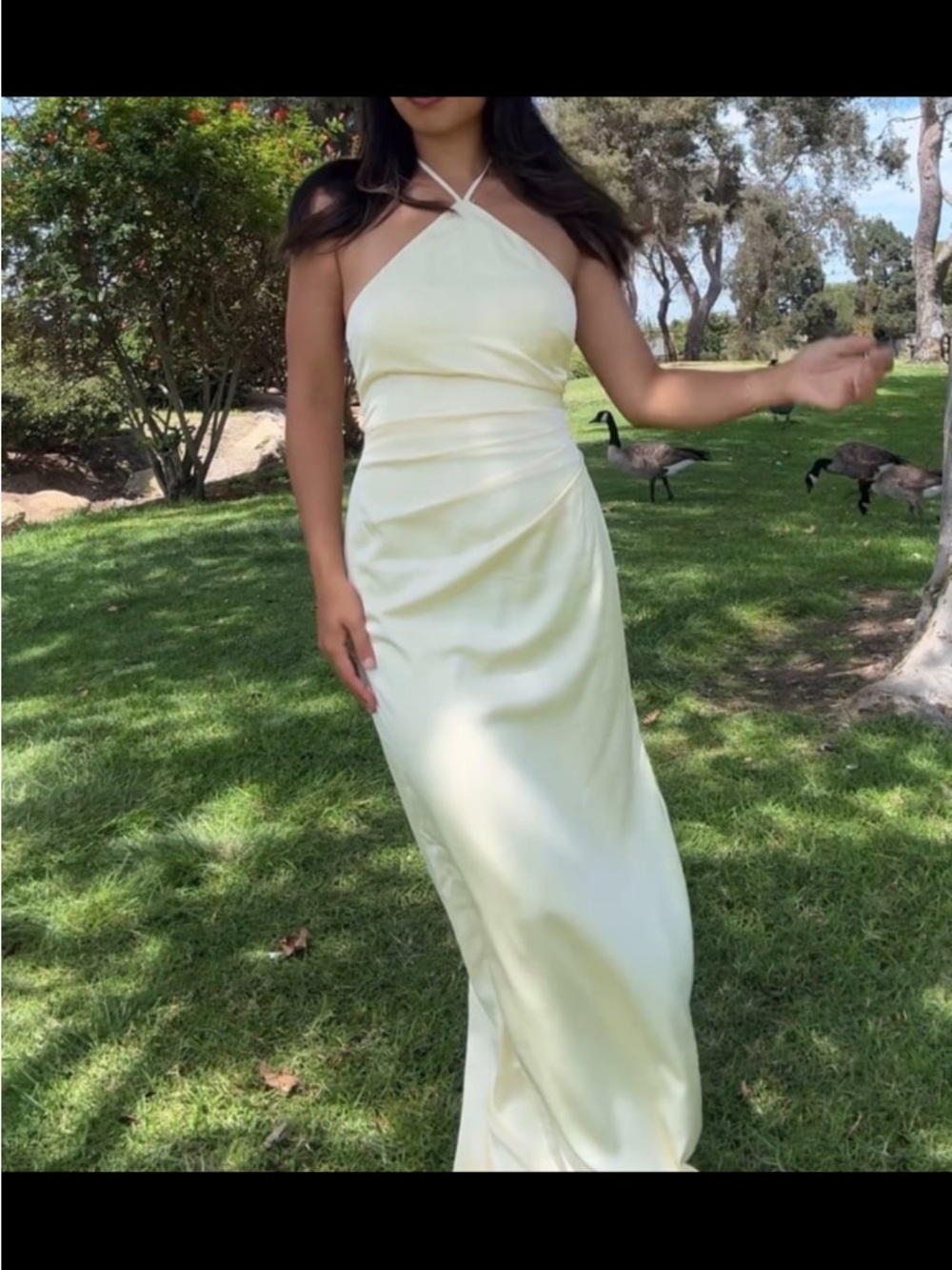 Pale Yellow Halter Satin Maxi Dress